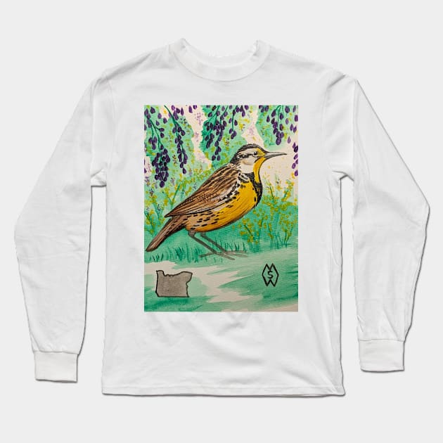 Oregon state bird and flower, the meadowlark and Oregon grape Long Sleeve T-Shirt by Matt Starr Fine Art